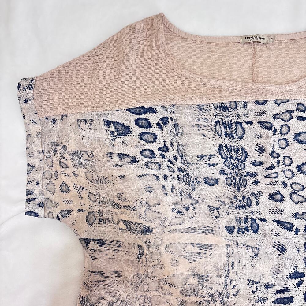 Lungo L'Arno XL 100% Linen Top Italy Blue Animal Print Lagenlook Coastal - Picture 3 of 11
